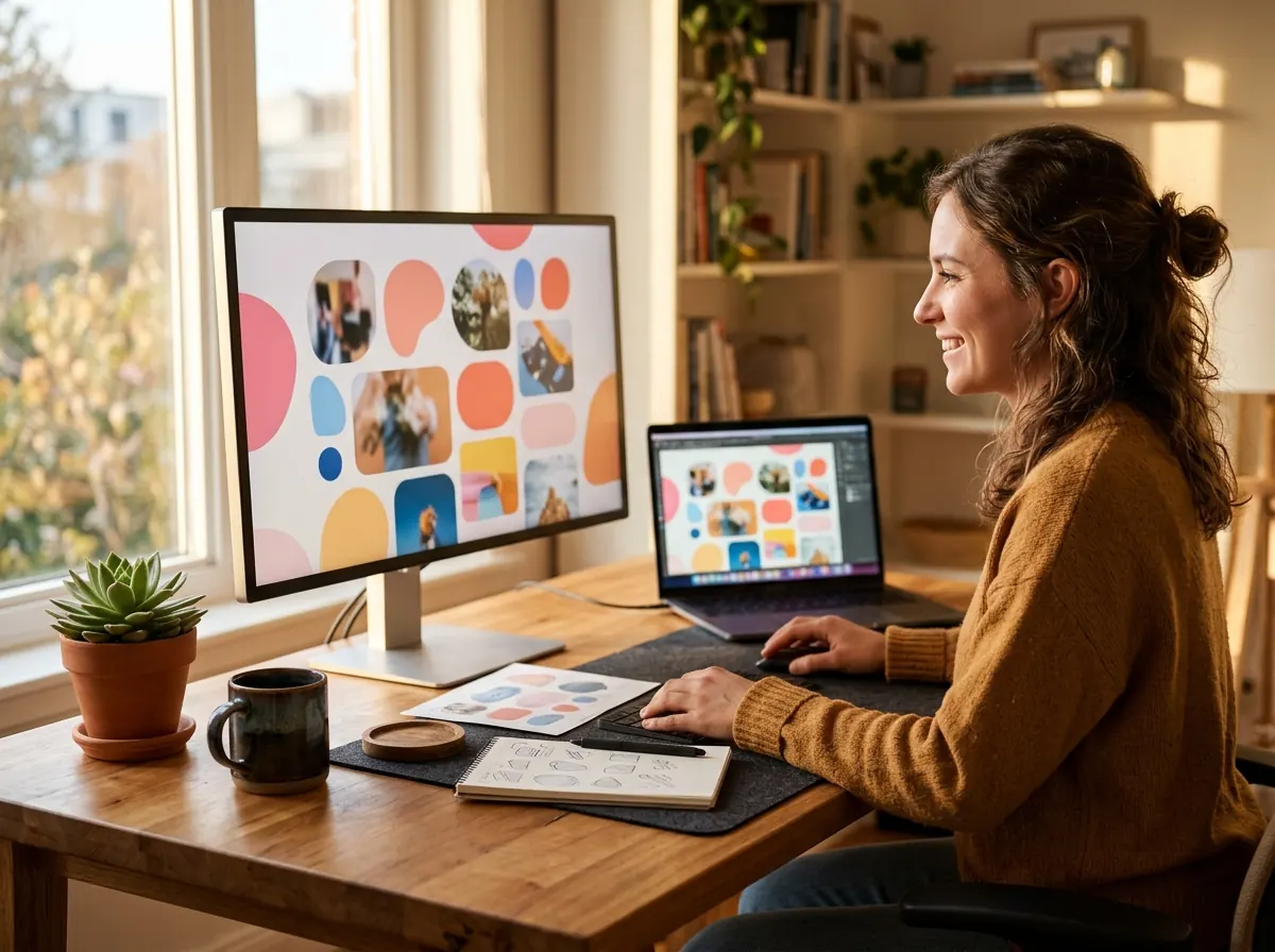 A designer's desk with a website layout on the monitor and laptop