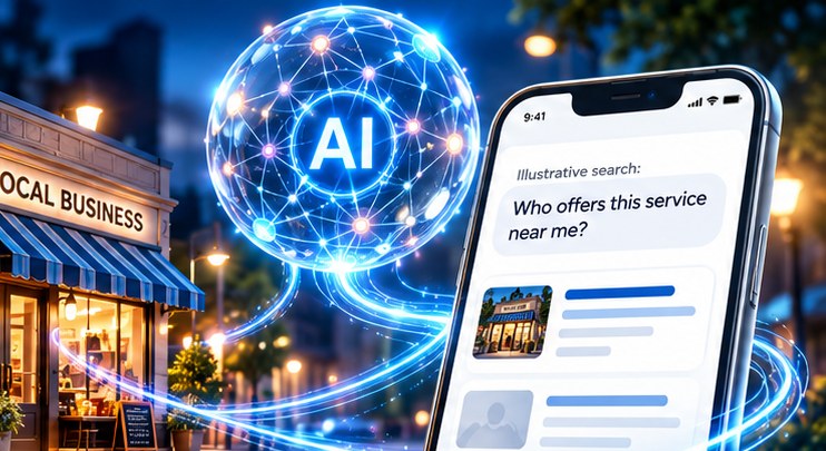 Illustration of a storefront at dusk beside a phone showing an AI search for a local service