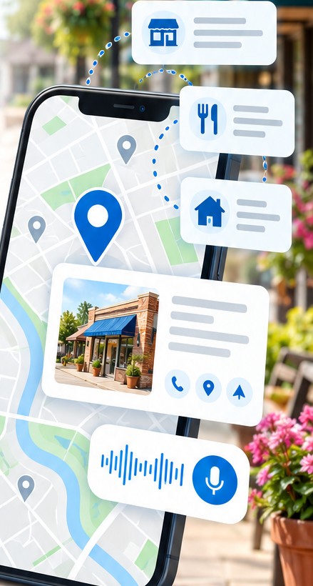 Illustration of a phone showing a local map with business listing cards and a voice search bar